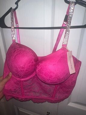 Victoria's Secret Bright Pink Lace Longline Bra with Rhinestone Straps